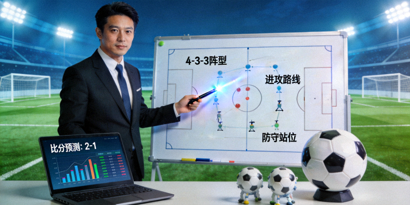 专业足球分析师在战术板前讲解比赛阵型与数据