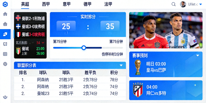 综合性的足球比分直播数据平台界面，包含多种联赛信息